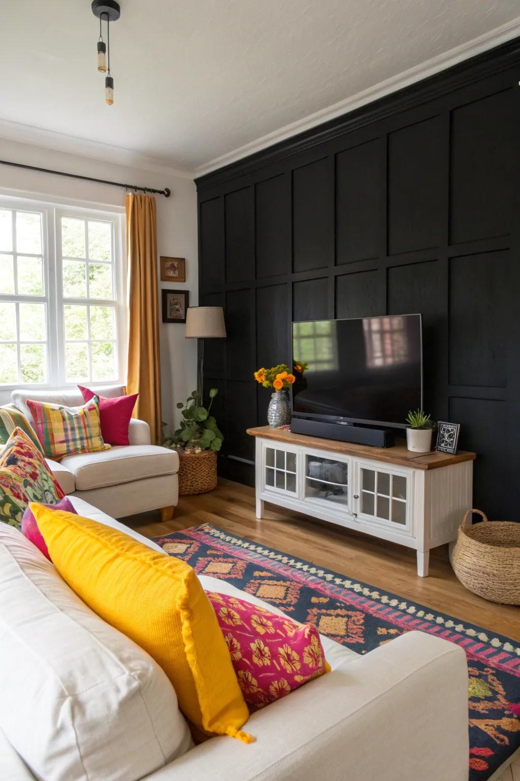 Bright decor appears spectacular against a dark accent wall.