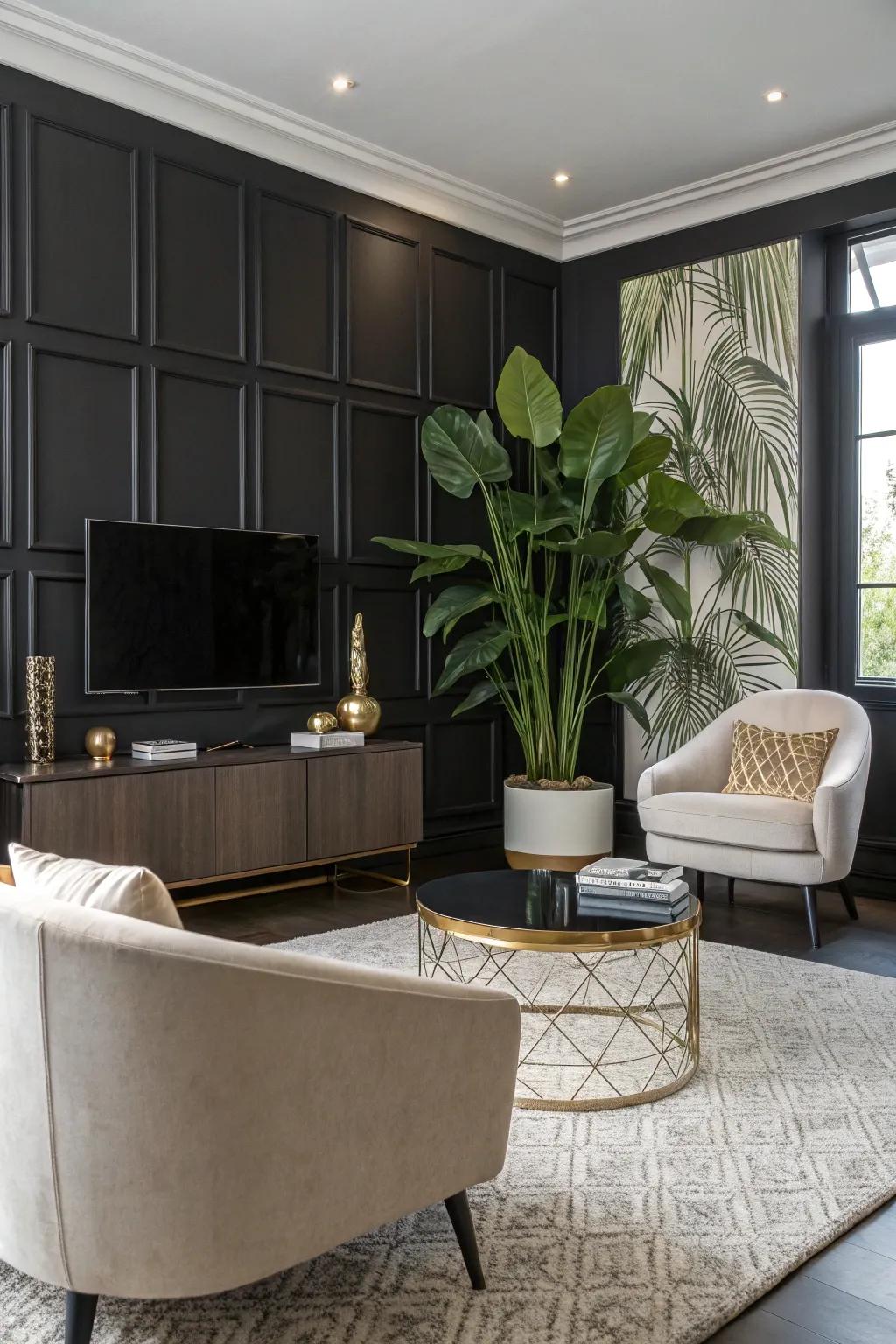 An elegant sitting room showcasing a black accent wall, modern furnishings, and verdant plants for a rejuvenating aesthetic.