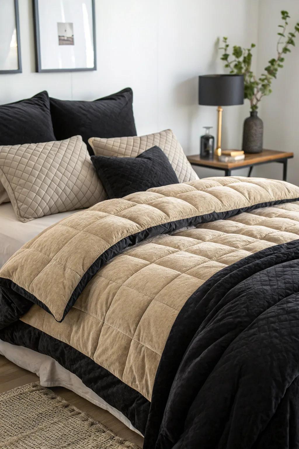 The layering of black and beige bedding achieves a warm, welcoming atmosphere.