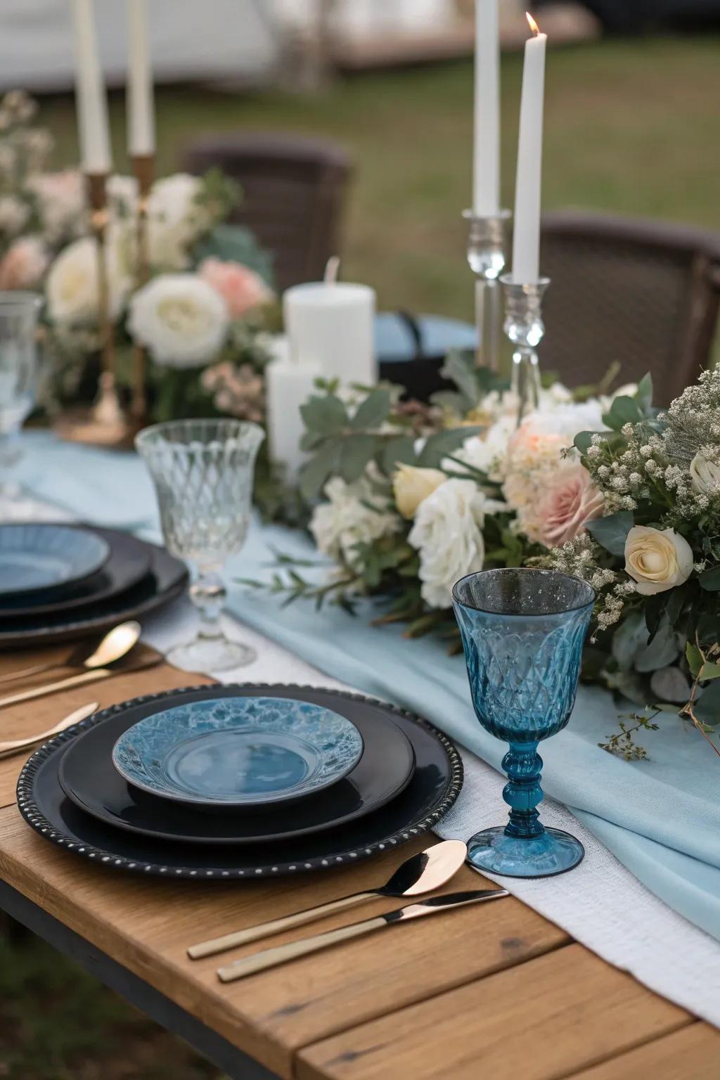 Elegant table settings in charcoal and sapphire set the stage for a sophisticated celebration.