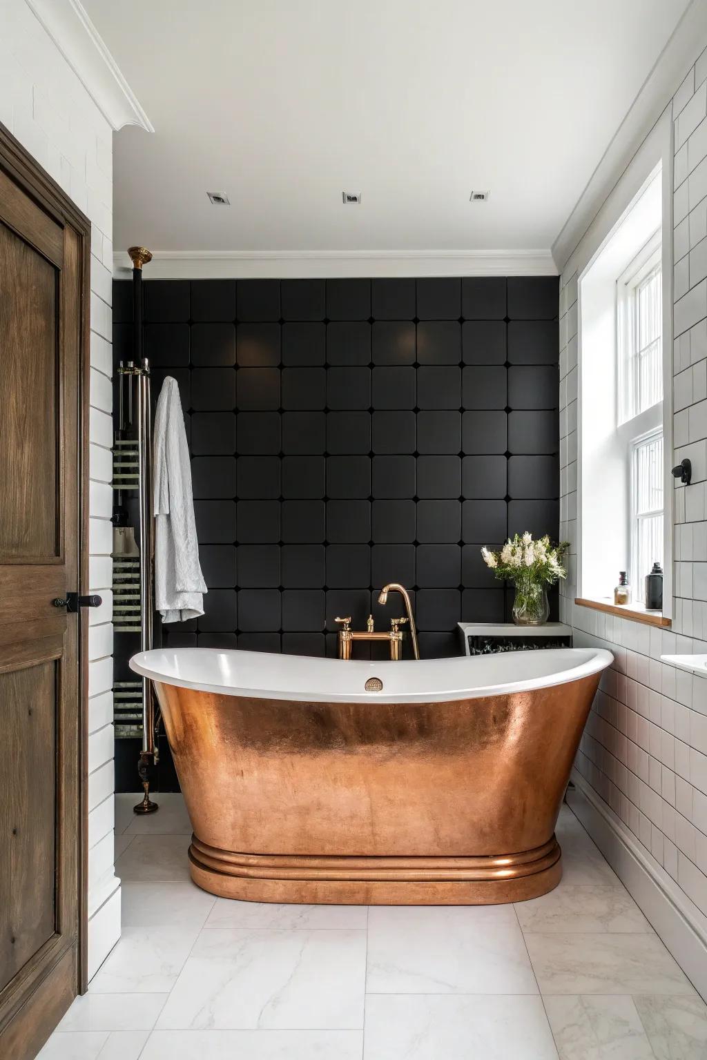 A copper soaking tub radiates as the primary attraction against an ebony setting.