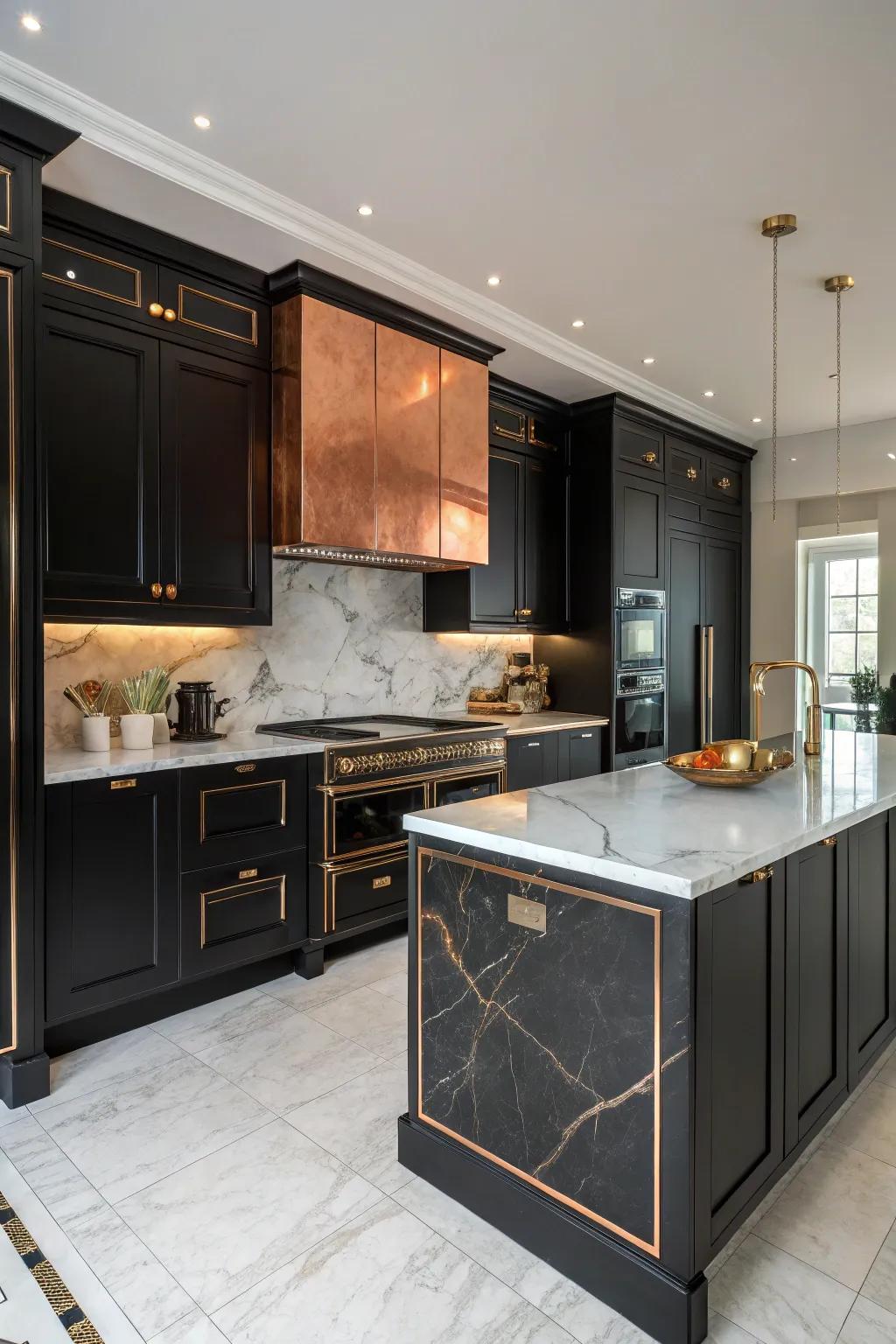 Dark cabinets with bronze countertops deliver a lavish kitchen ambiance.