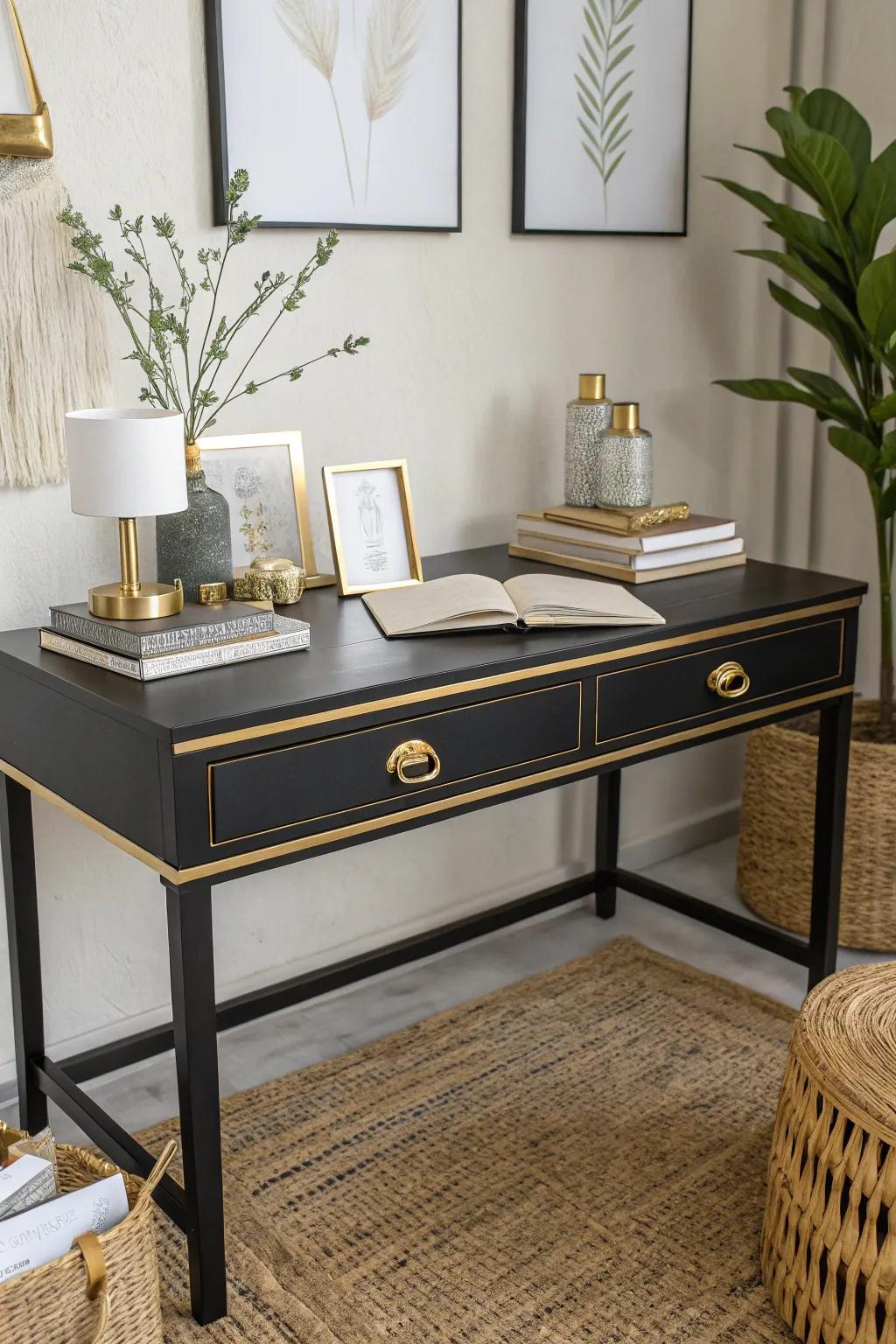 A dark desk enhanced with gold trim introduces a sophisticated element to any professional space.