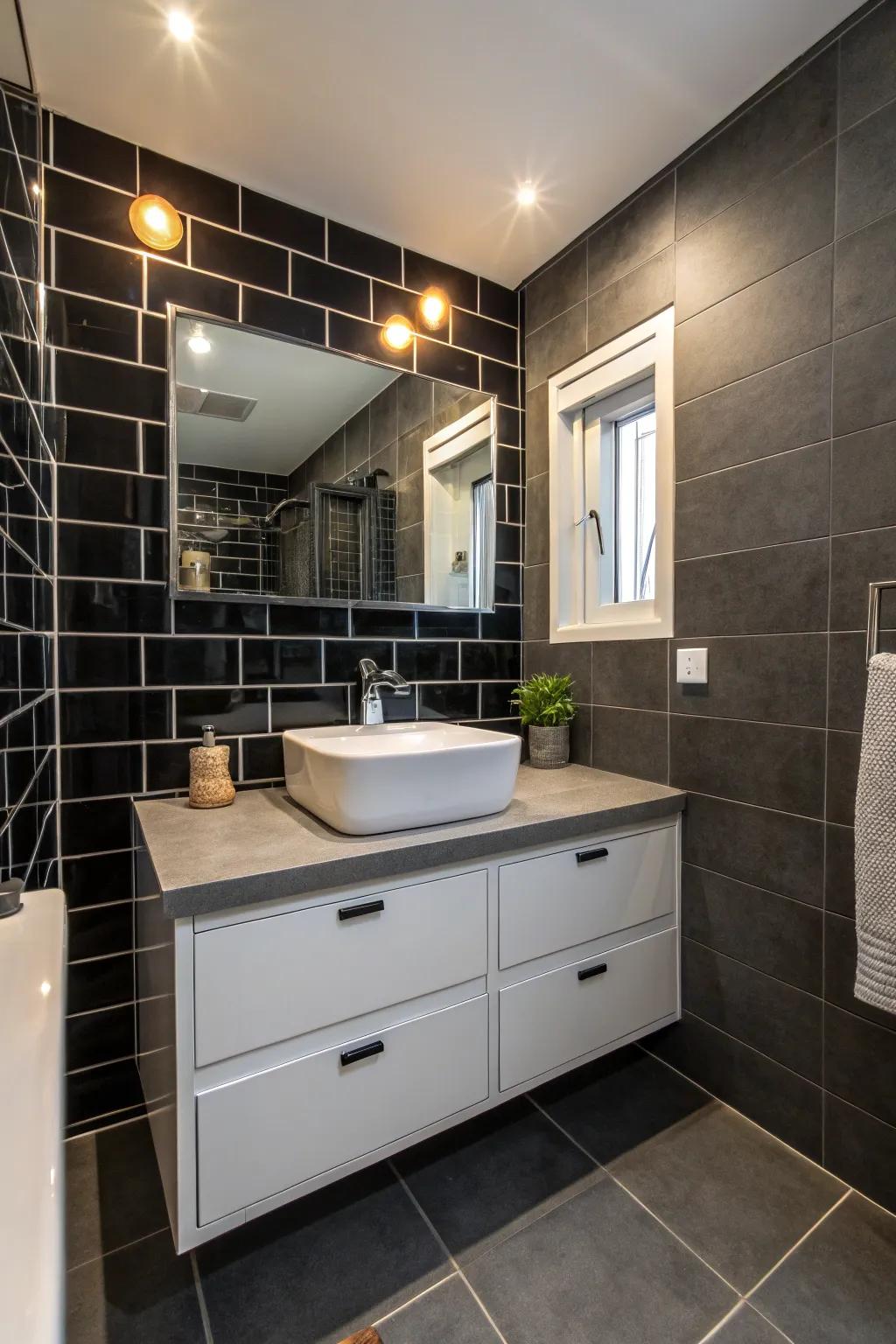A stunning bathroom featuring bold dark walls for a dramatic contrast.