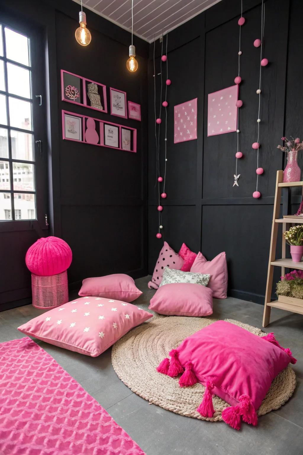 Bright pink details against black walls produce a lively and sophisticated contrast.
