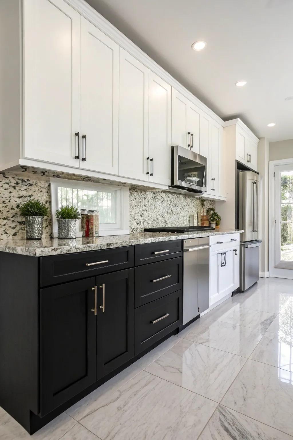 A modern kitchen featuring strong black lower cabinets and bright white upper cabinets.