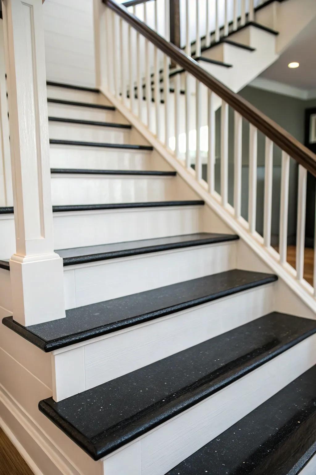 A contemporary staircase featuring black treads and white risers, creating a striking visual contrast.