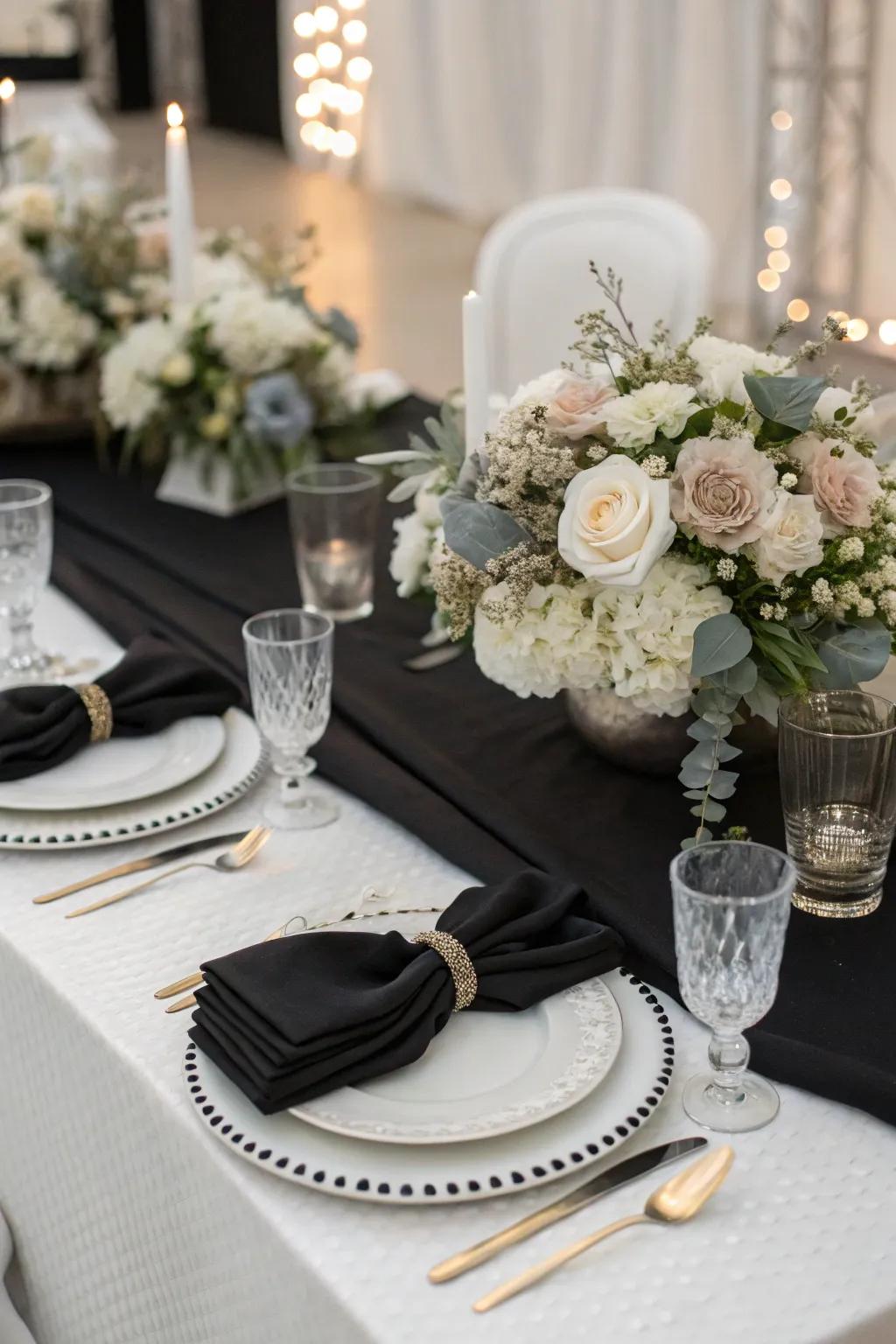 Stylish tablescape with a monochrome palette creates a classic vibe.