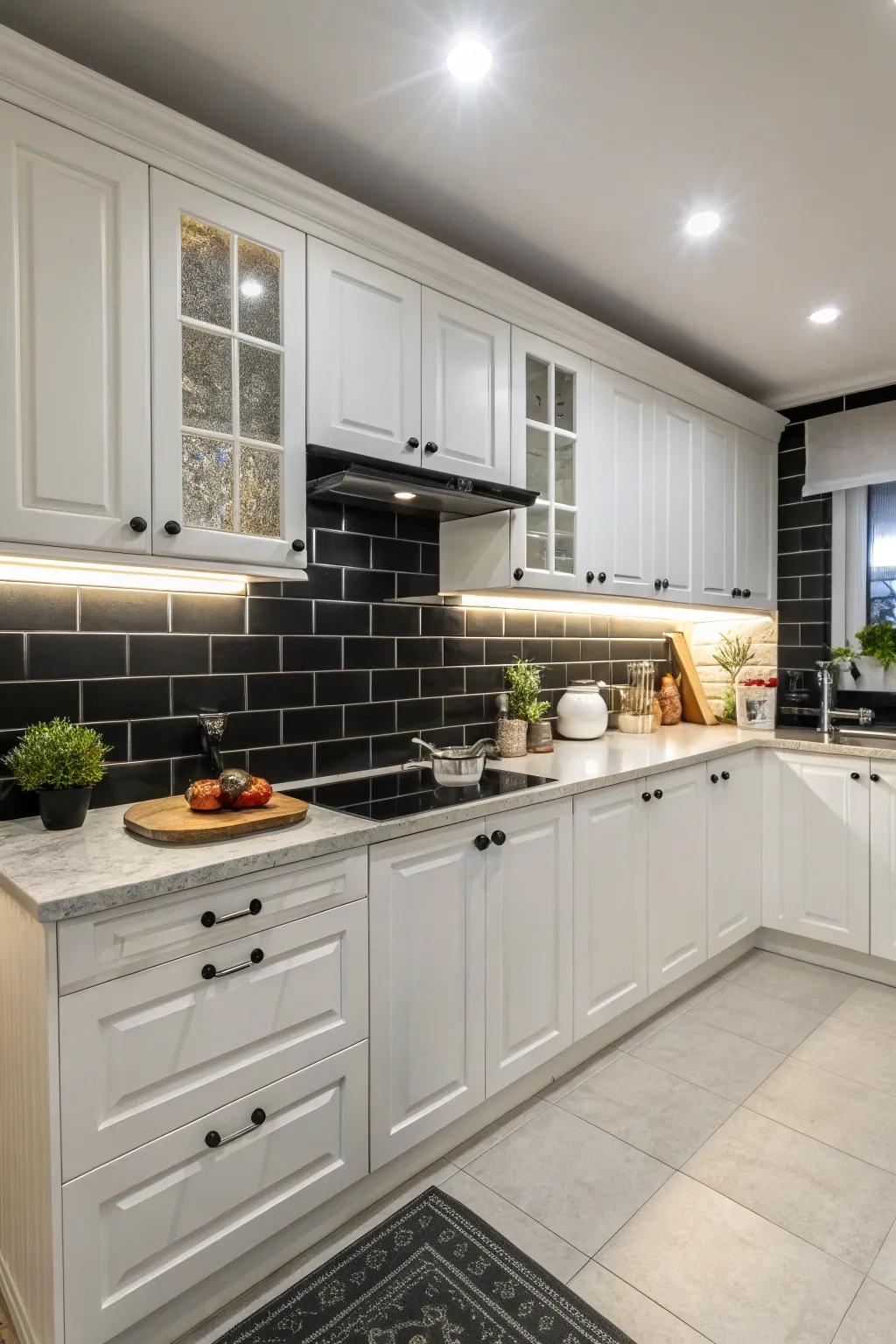 This kitchen artfully employs contrast to create a striking statement with an ebony backsplash.