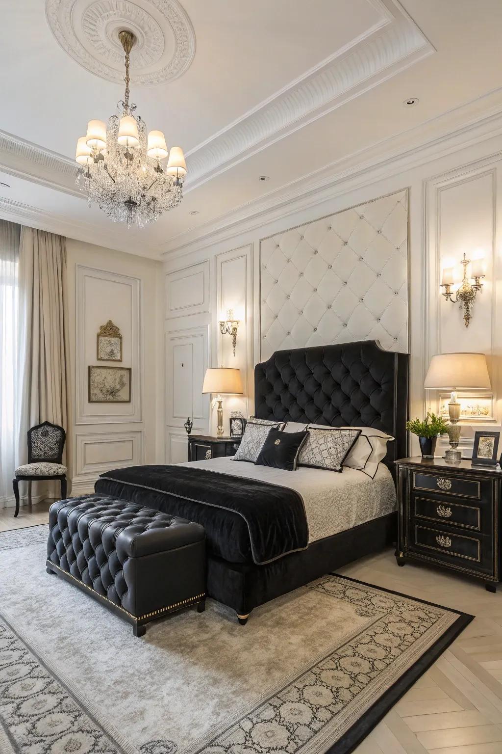 An extravagant bedroom showcasing a high-contrast dark and white palette.