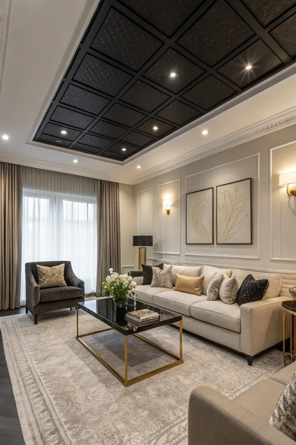 A chic living space featuring a dark overhead that oozes panache.
