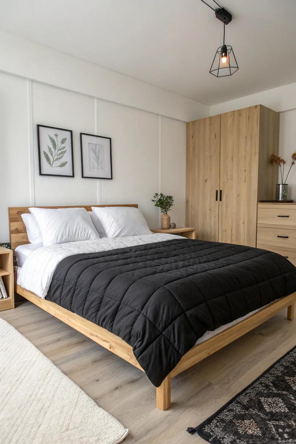 A minimalist bedroom highlighting the sophistication of black and white contrasts.