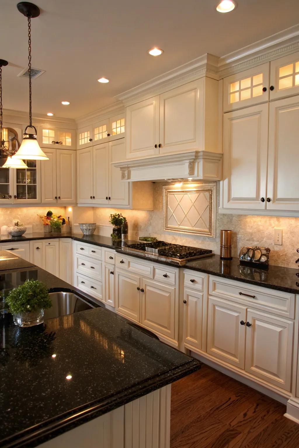 A kitchen that beautifully showcases the contrast between black and white.