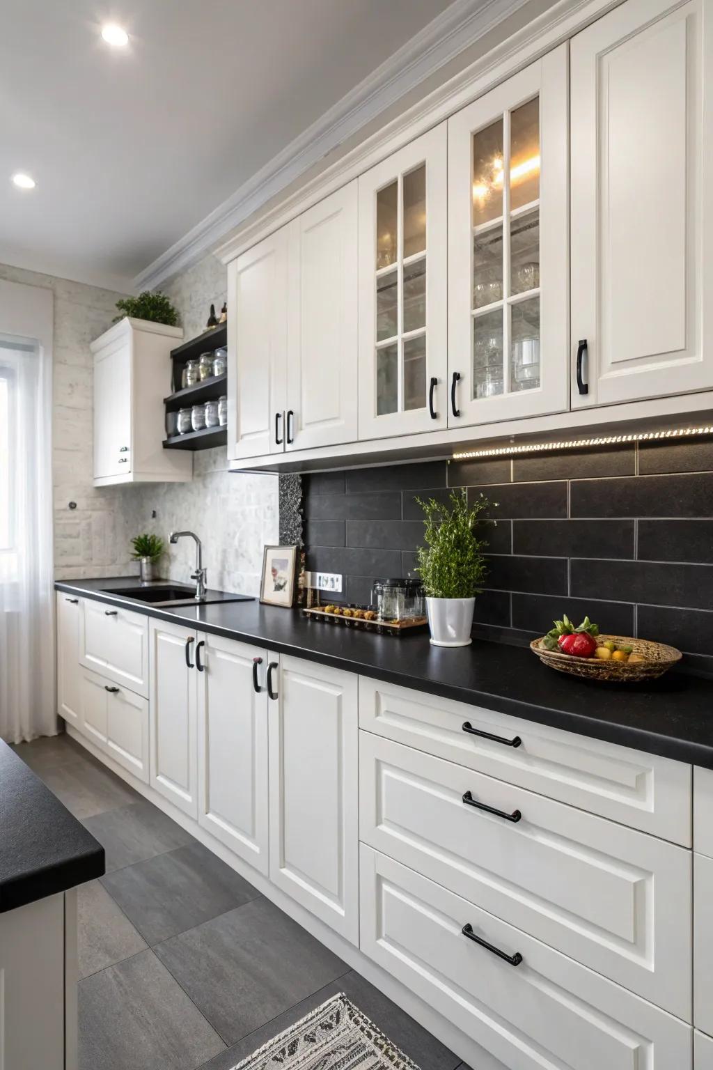 Ebony worktops partnered with ivory cupboards for a classic aesthetic contrast.