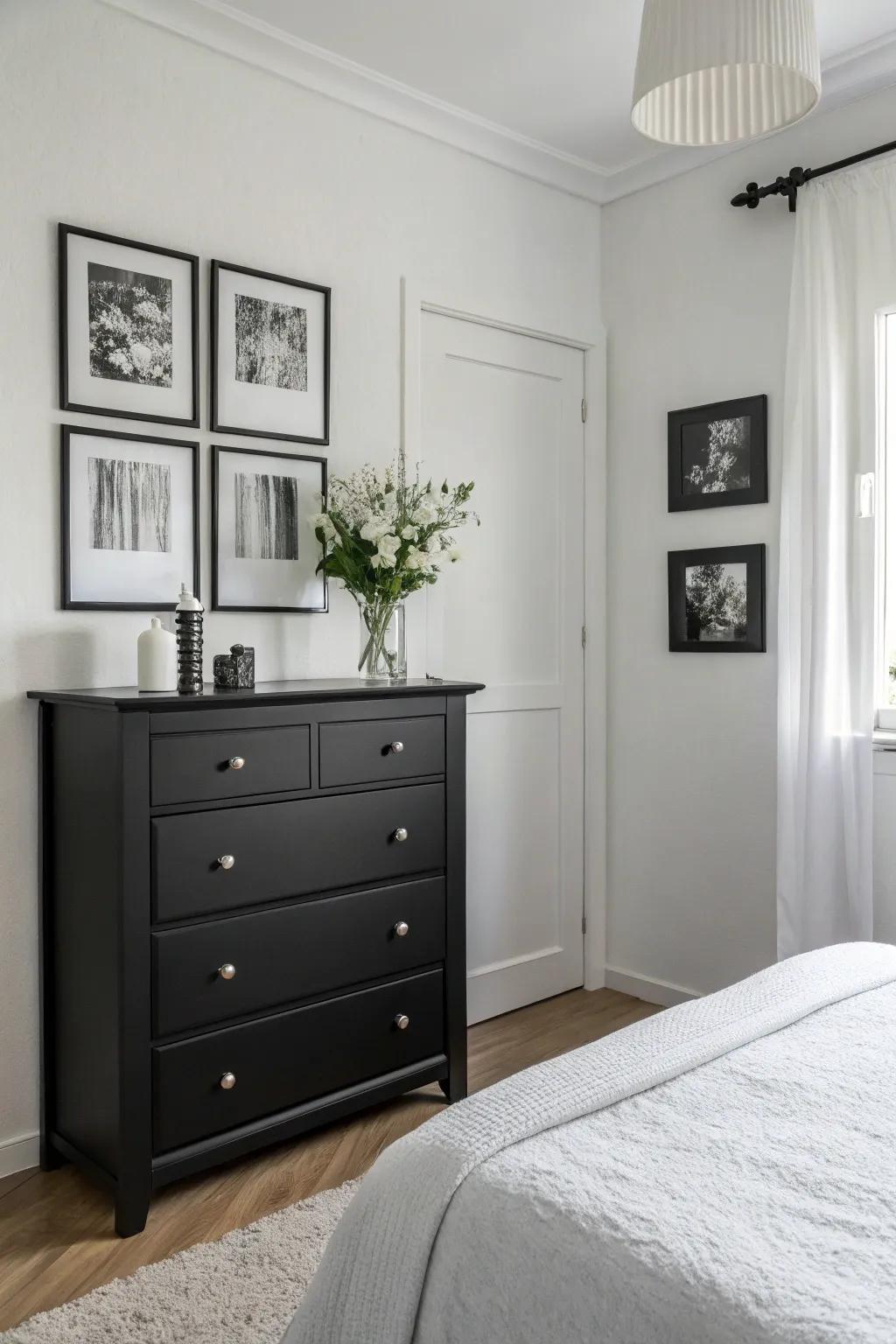 A minimalist bedroom featuring a dark wood dresser as its main feature.