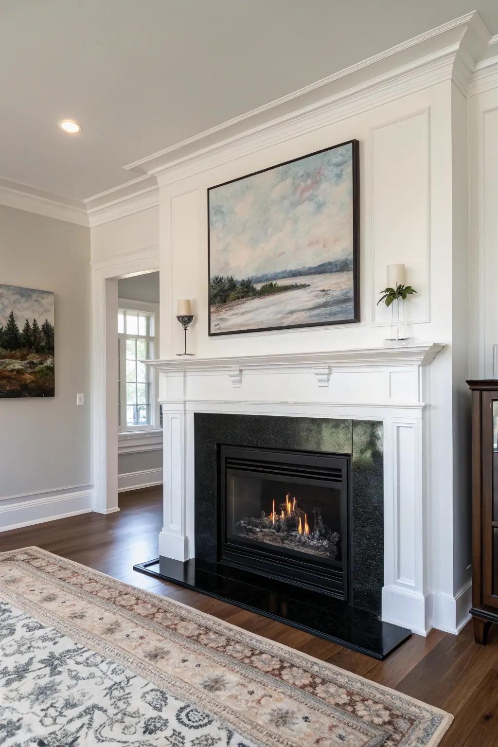 Embrace contemporary simplicity with a streamlined dark-toned hearth that enhances strong artwork.
