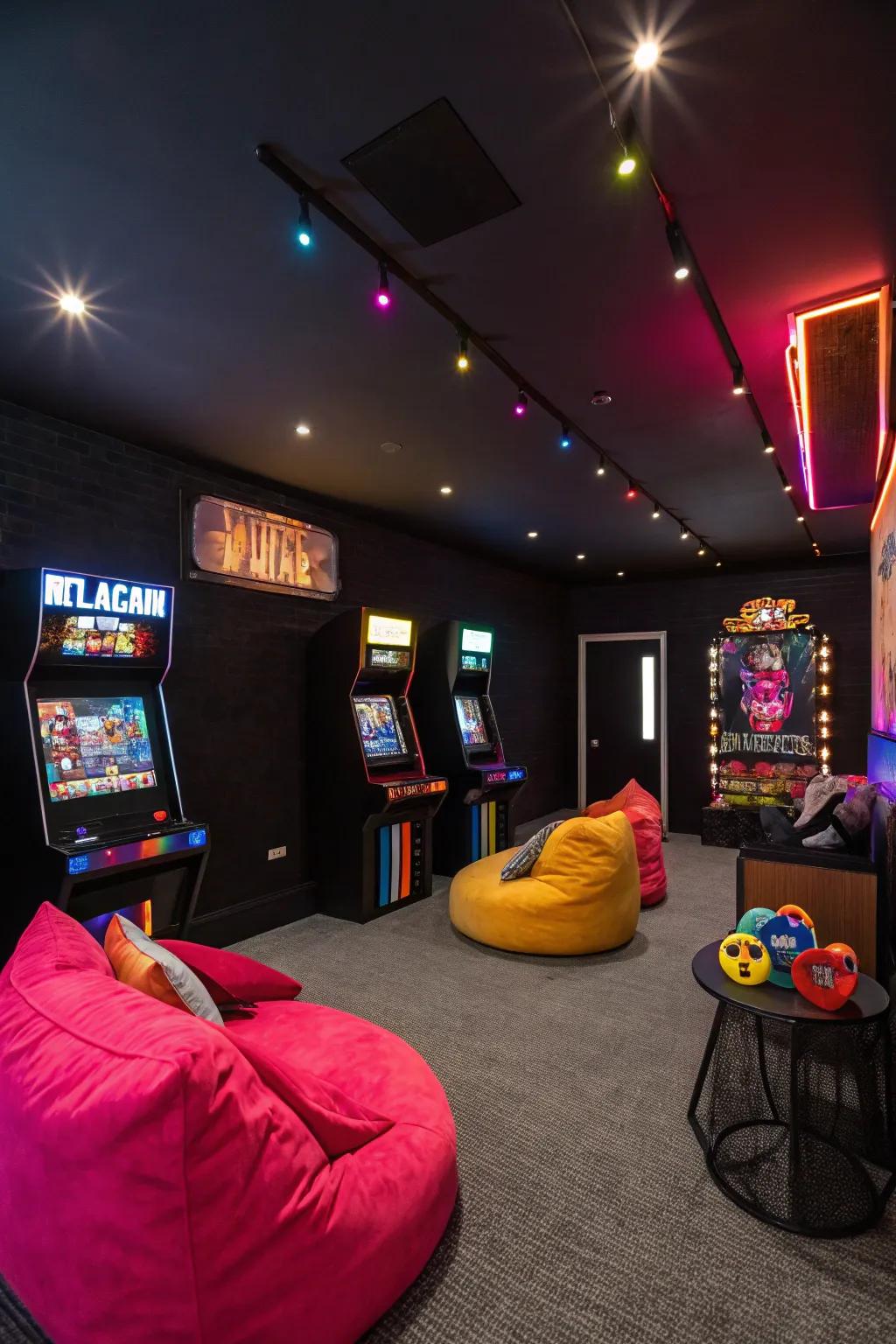 A gaming room featuring a predominantly dark color palette, delivering a dramatic and modern appearance.