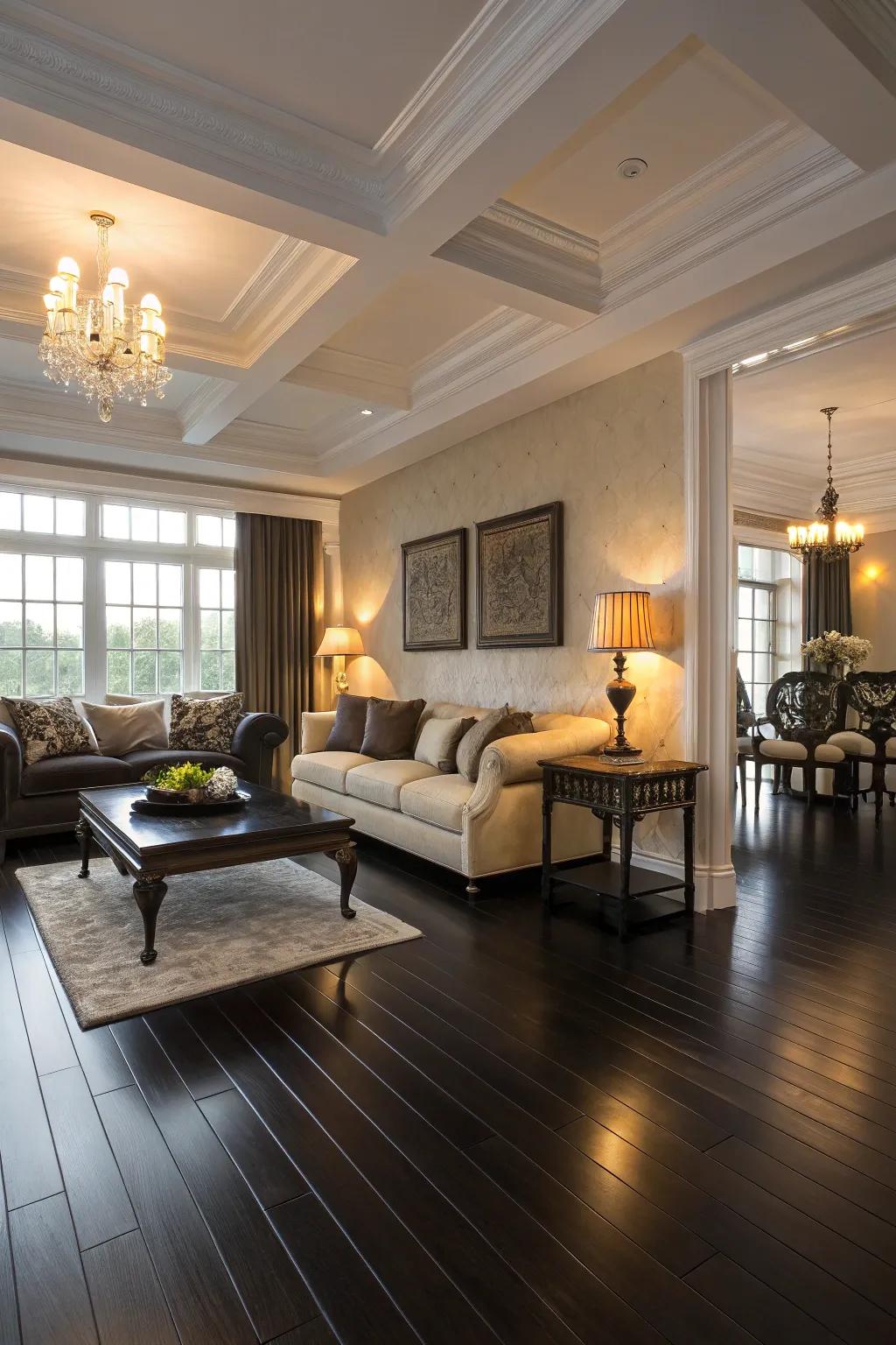 Elegant lounge featuring dark hardwood floor.