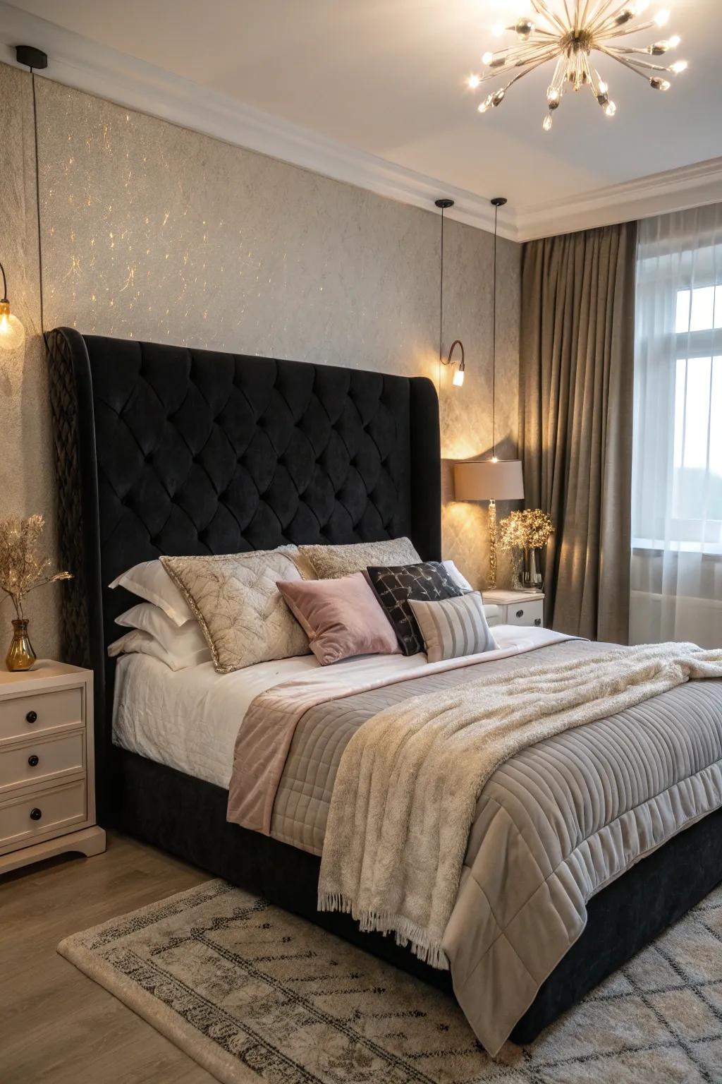 Sumptuous bedroom featuring a velvet dark-toned headboard and cozy accents