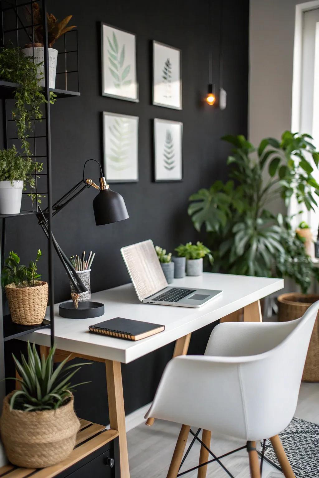 A home office with luxuriously dark walls, creating an inviting workspace.
