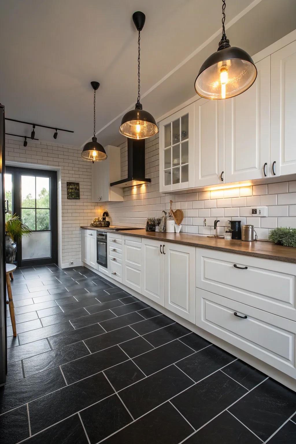A kitchen exhibiting the remarkable contrast of ebony floors paired with ivory cabinetry.
