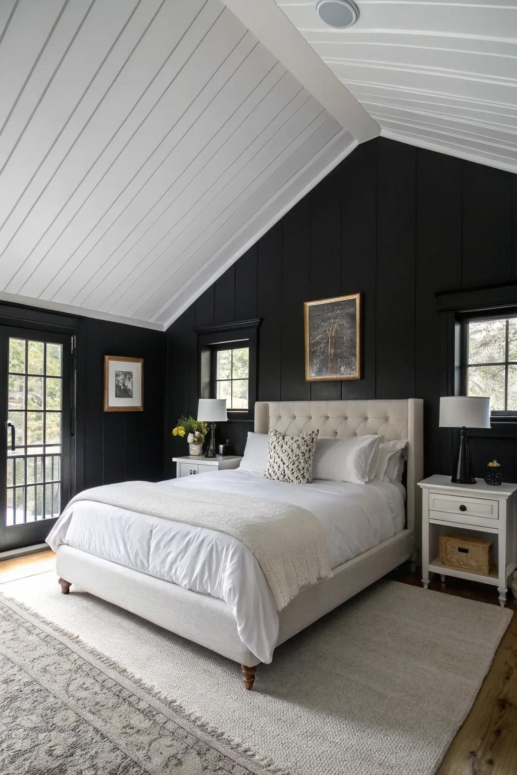 Dark painted walls provide a dramatic backdrop for your primary sleeping quarters.