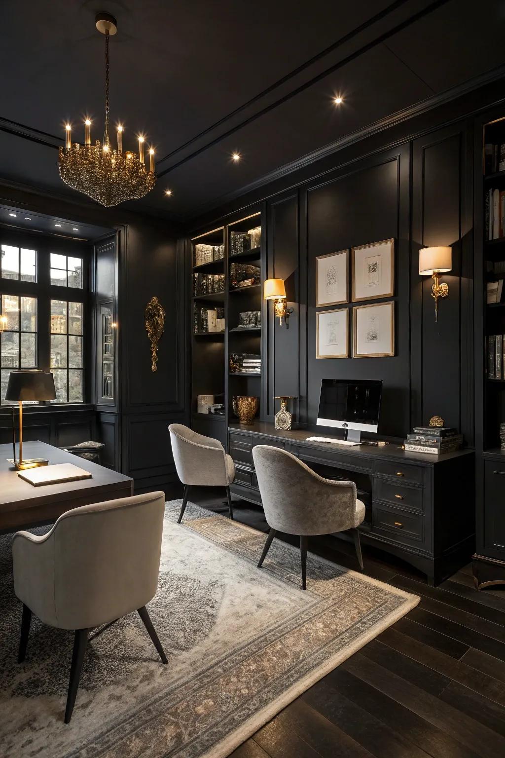 Black walls offer a striking setting for a chic, modern office.