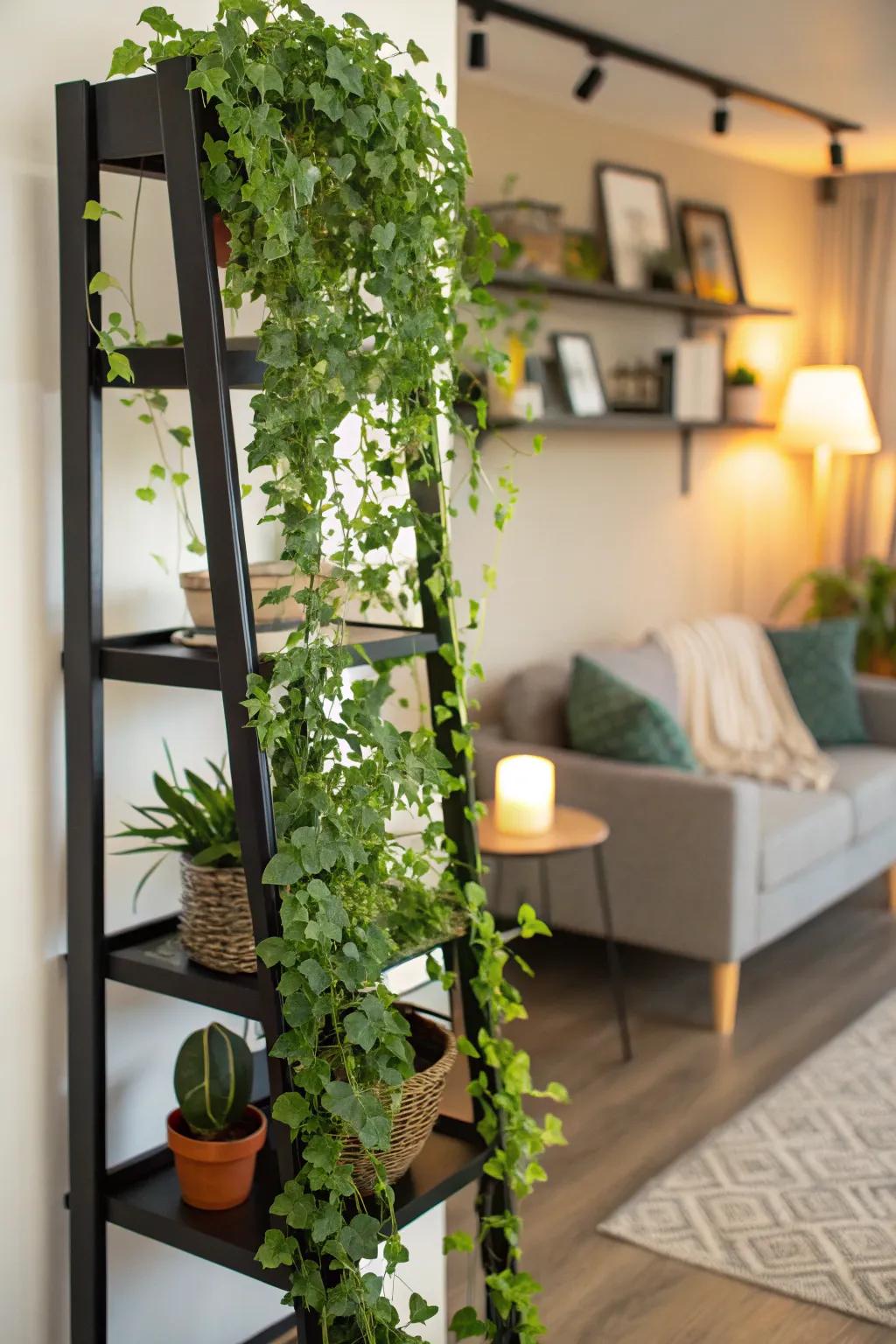 Lush plants elegantly draping over a dark-colored shelf, presenting an energetic contrast.