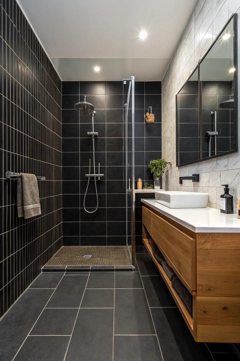 Striking dark tiles pave the way for an elegant shower setting.