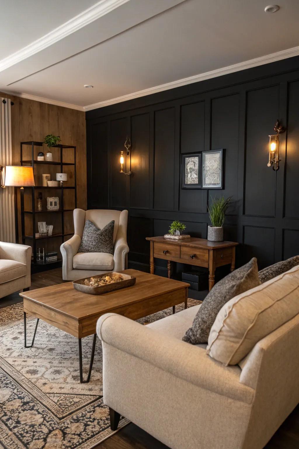 A welcoming living area featuring a captivating black accent wall.