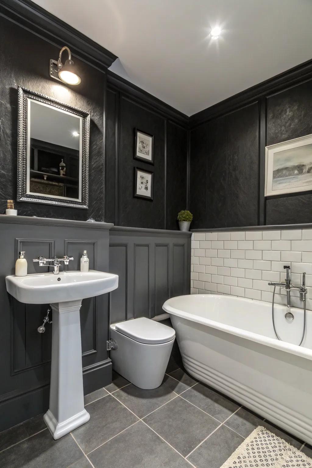 Striking black walls introduce a sense of depth and opulence to this contemporary bathroom.