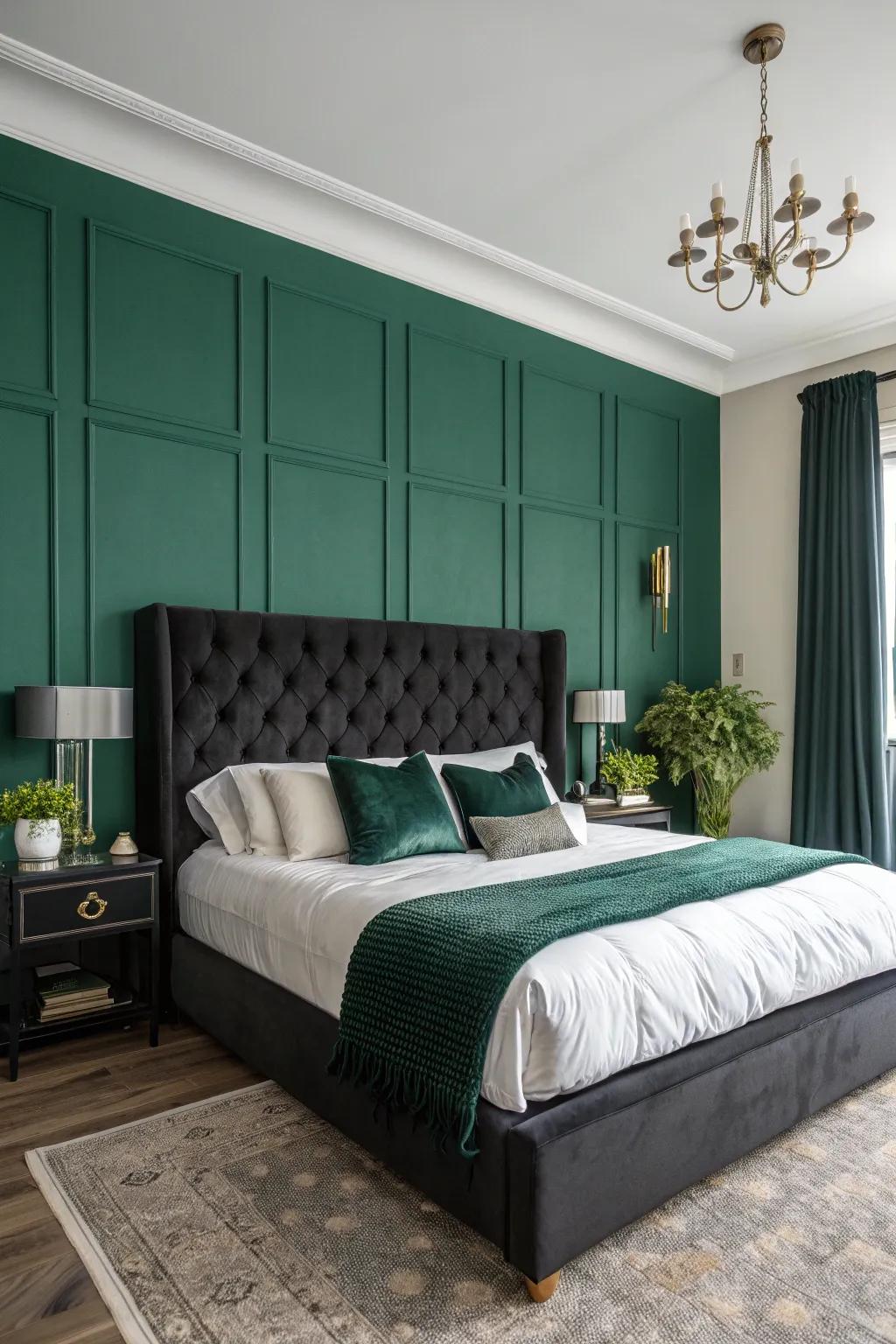 A bedroom showcasing a jade green accent wall as a focal point.