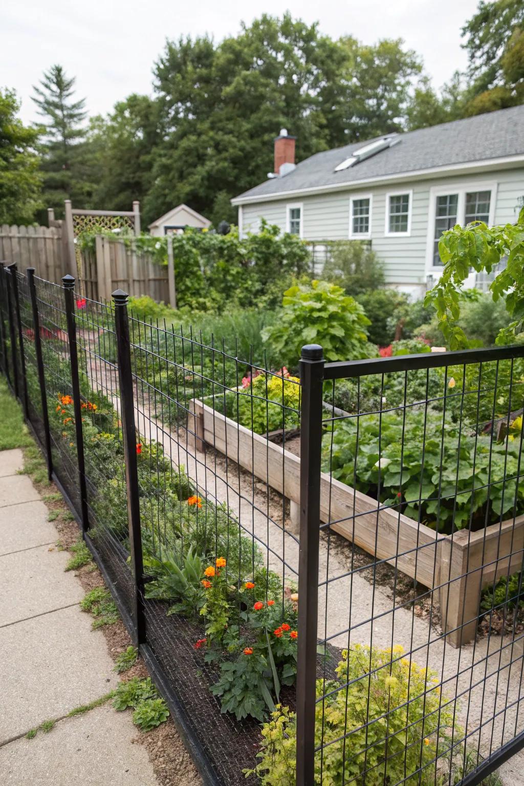 Bring charm and protection to your vegetable garden with a classic dark steel-strand barrier.
