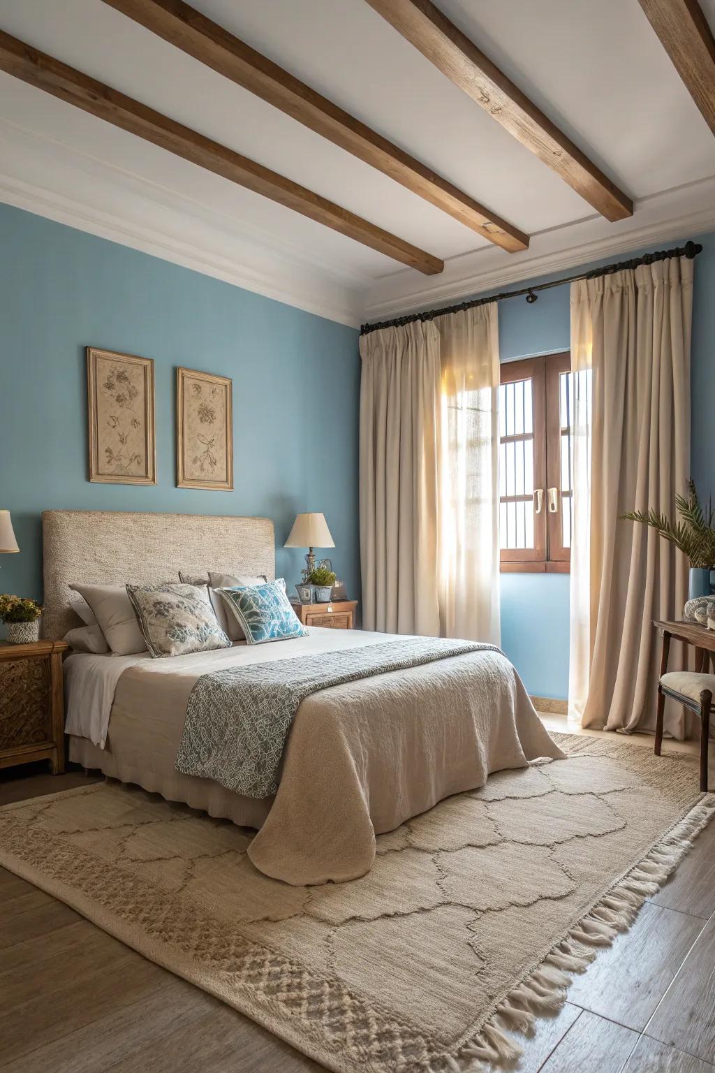 Beige accents with blue walls create a peaceful, beach-inspired retreat.