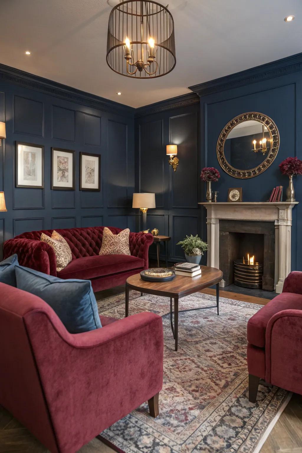 Deep sea walls combined with wine-toned furnishings fashion a lavish and hospitable living area.