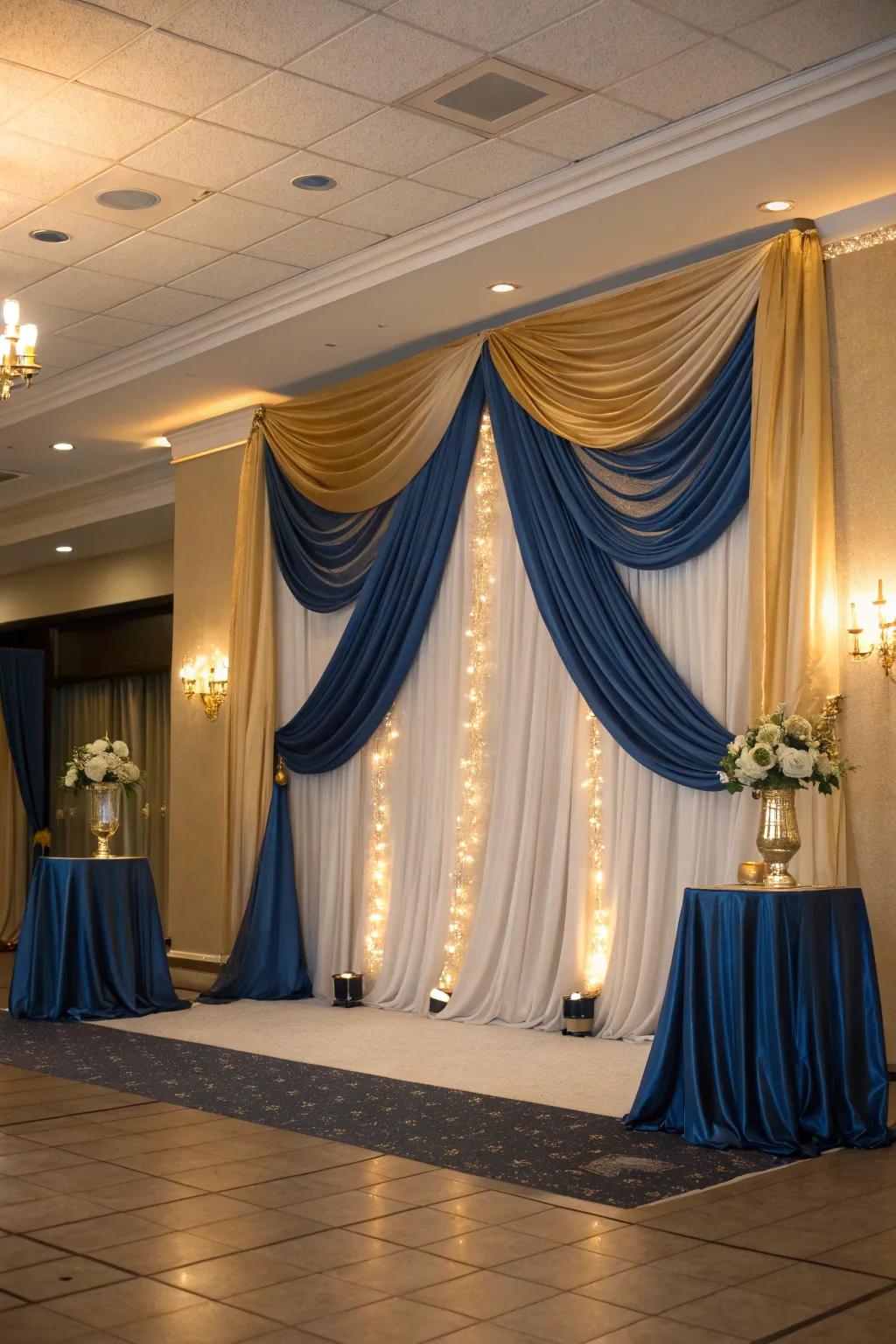 Elevate your setting with splendid blue and gold fabric drapes.