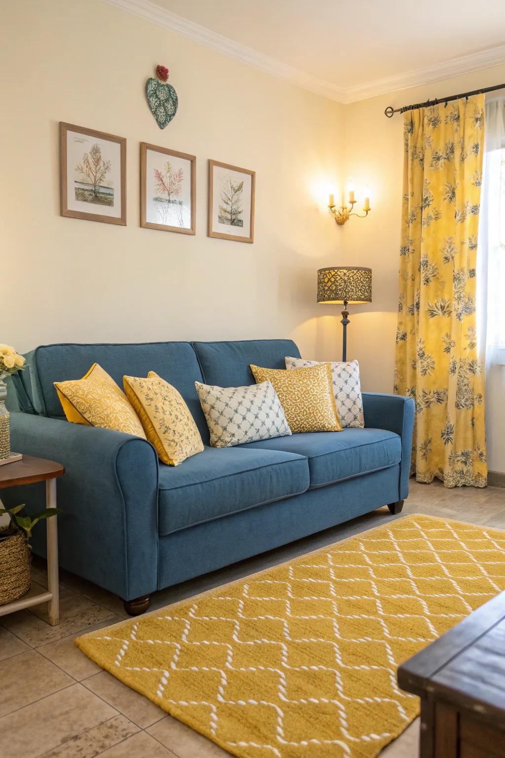 A pleasant living room showcasing a sapphire settee and sunshine throw pillows for a lively ambiance.