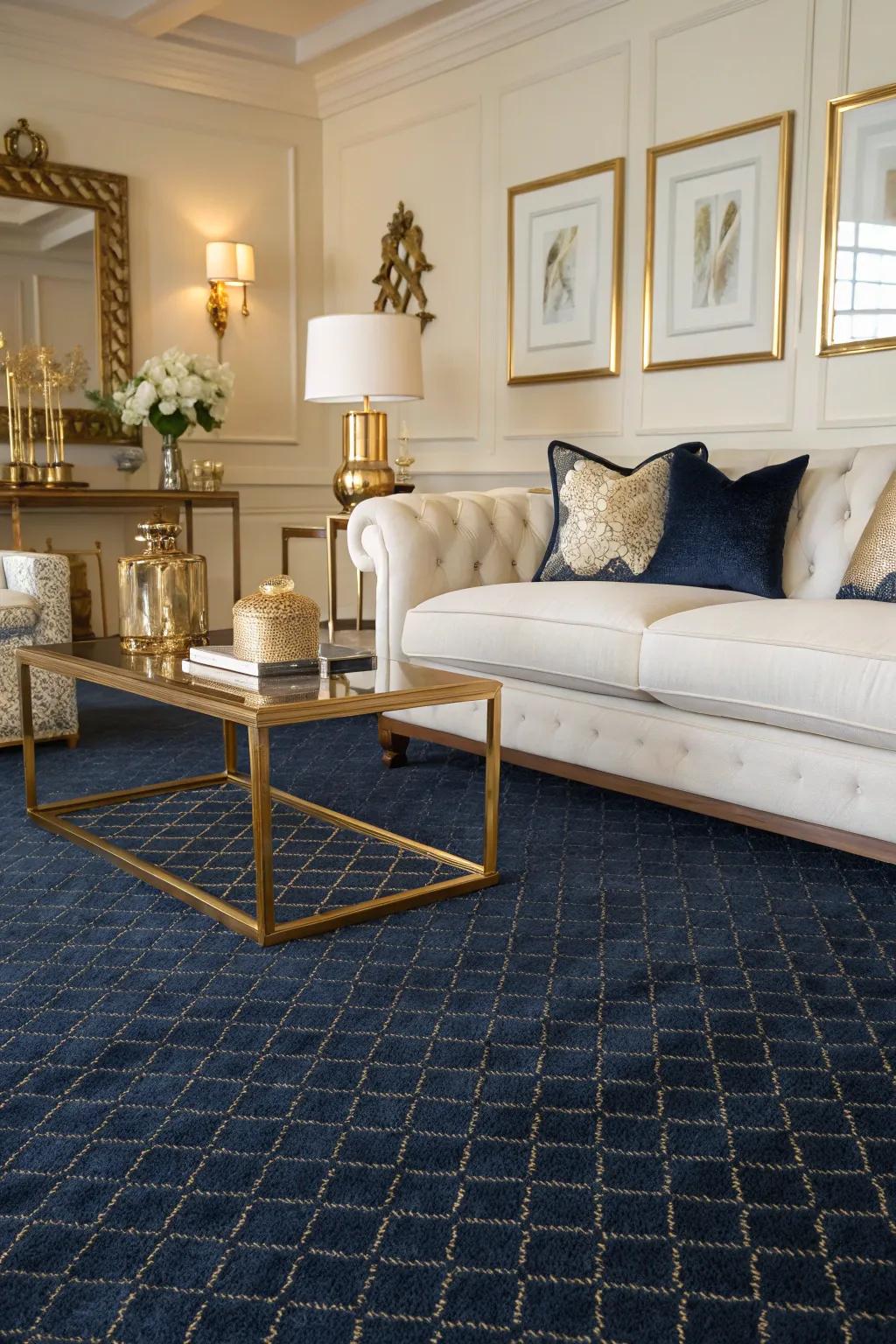 A deep blue carpet lays a strong groundwork in this graceful living room.