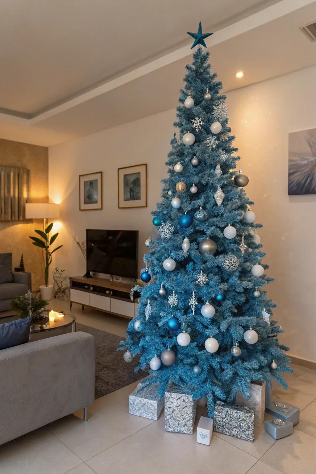 A striking blue Christmas tree makes a bold statement.