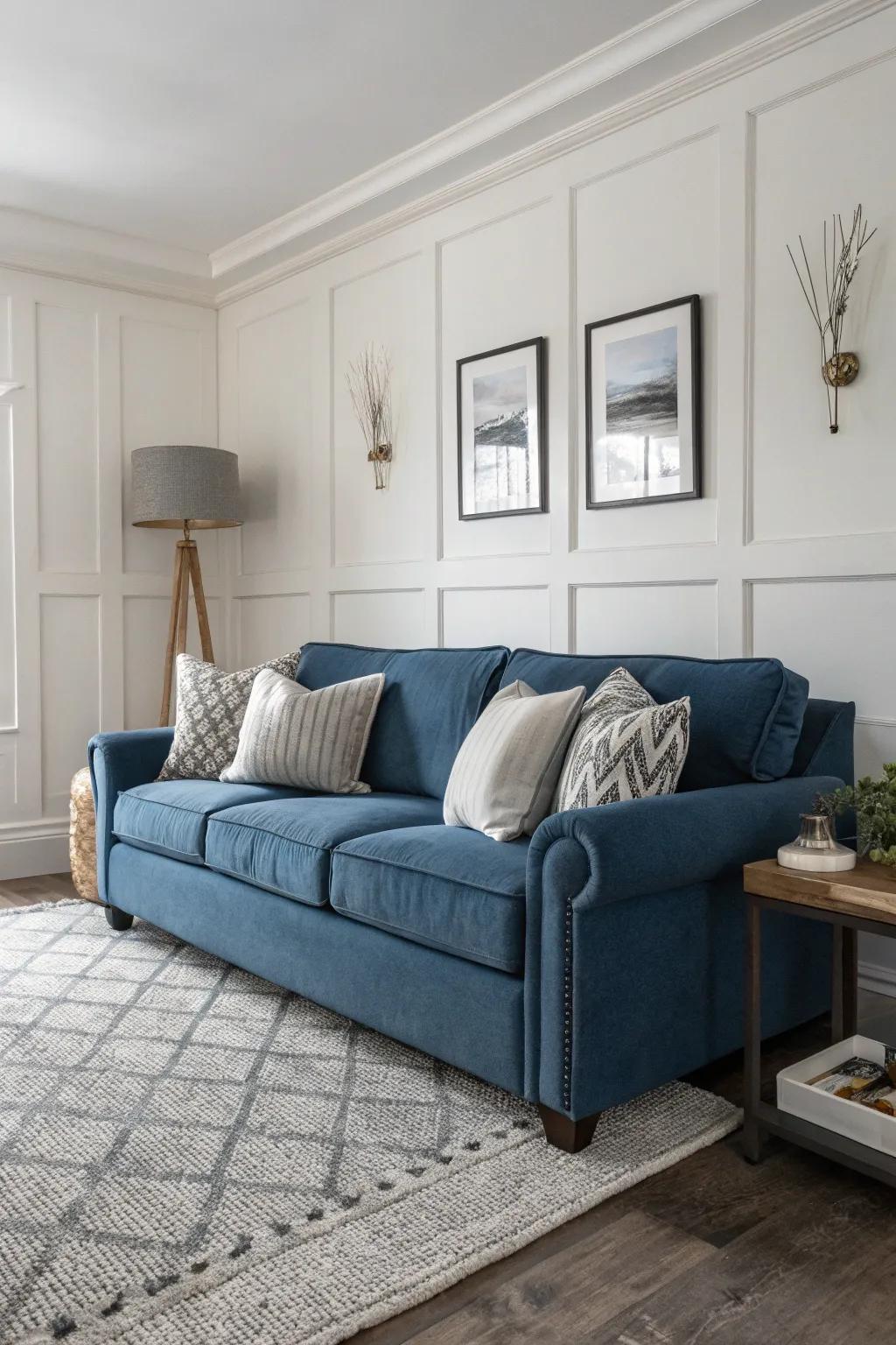A serene living space featuring a sapphire settee and neutral accents.