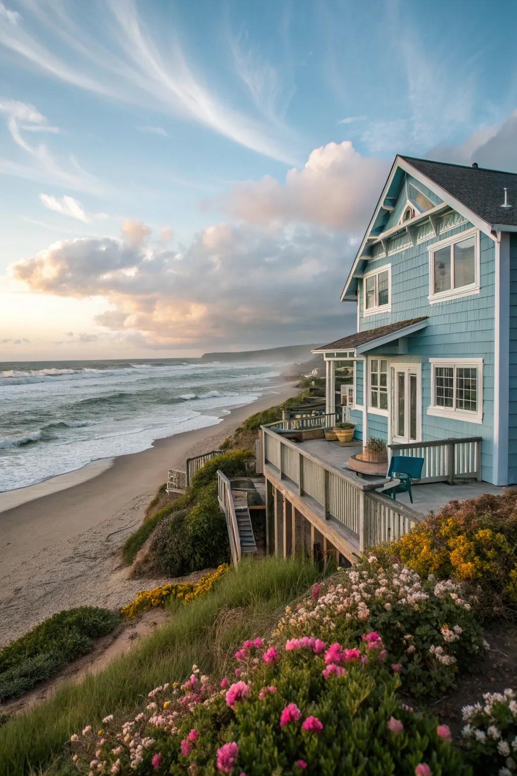 Light blue exteriors evoke a serene coastal atmosphere.