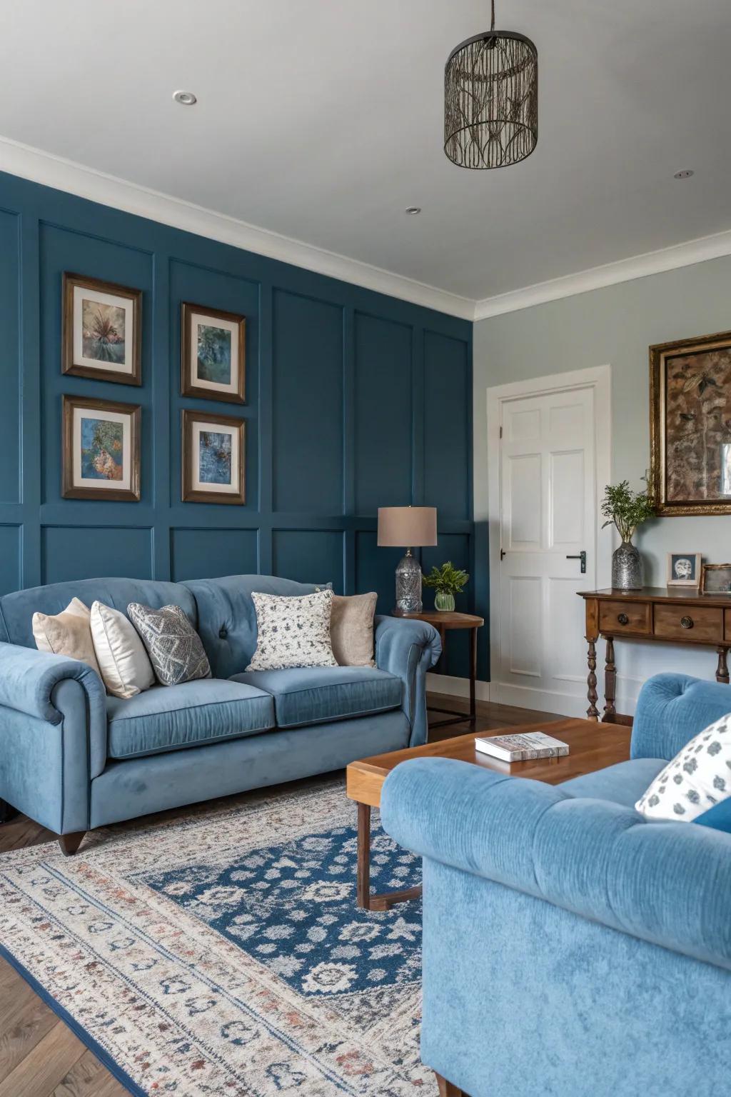 A seamless mix of light and dark blues adds a sense of dimension to this living room.
