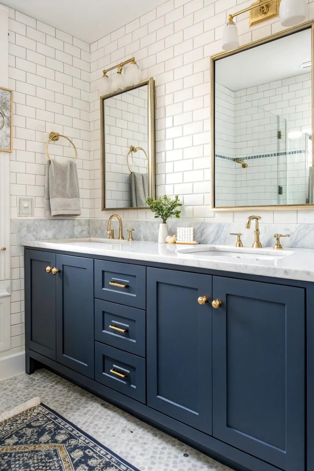 This sophisticated bathroom exudes timeless charm with its navy blue and gold palette.