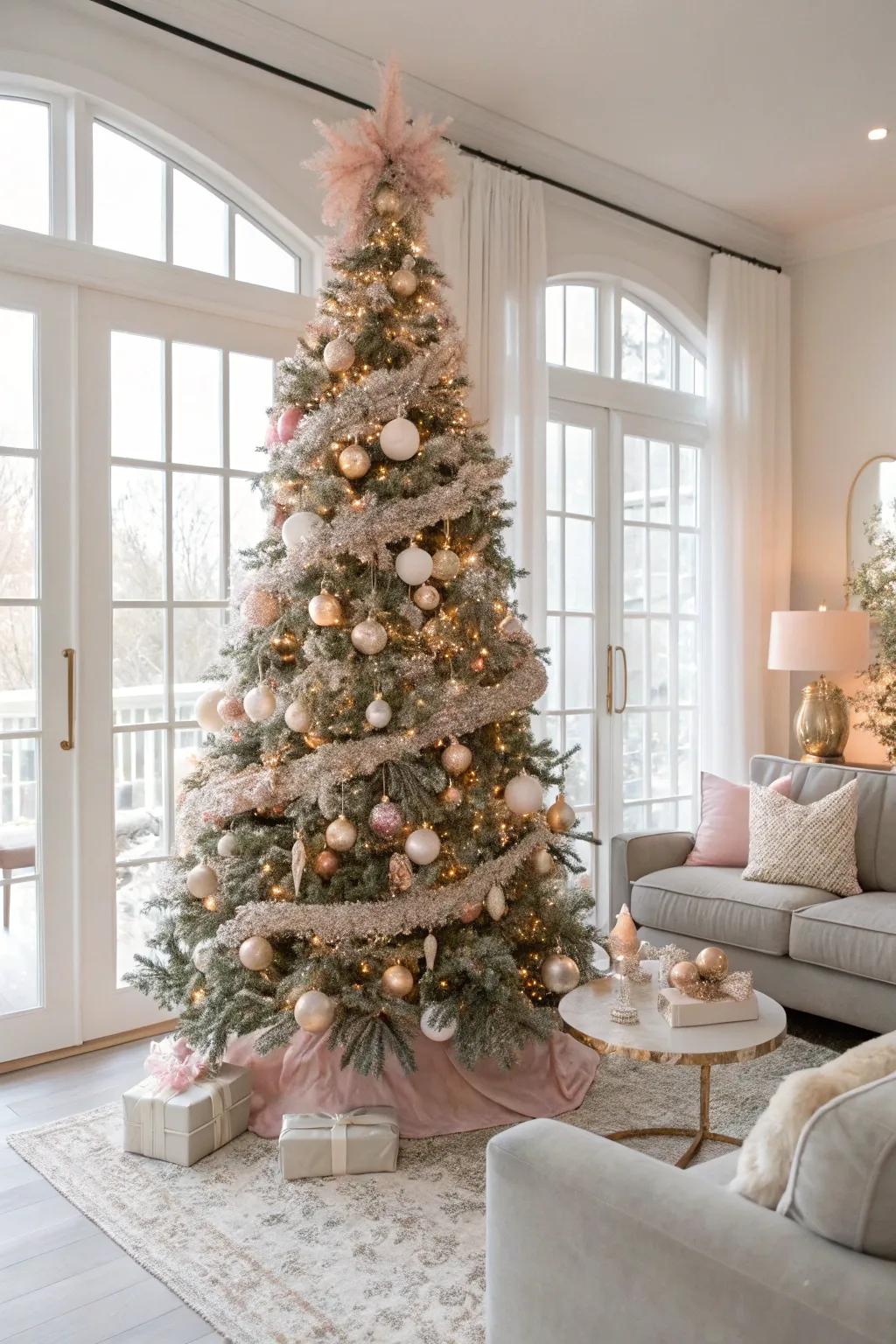 A tree enveloped in rose-tinted shimmering strands for a gentle, romantic atmosphere.