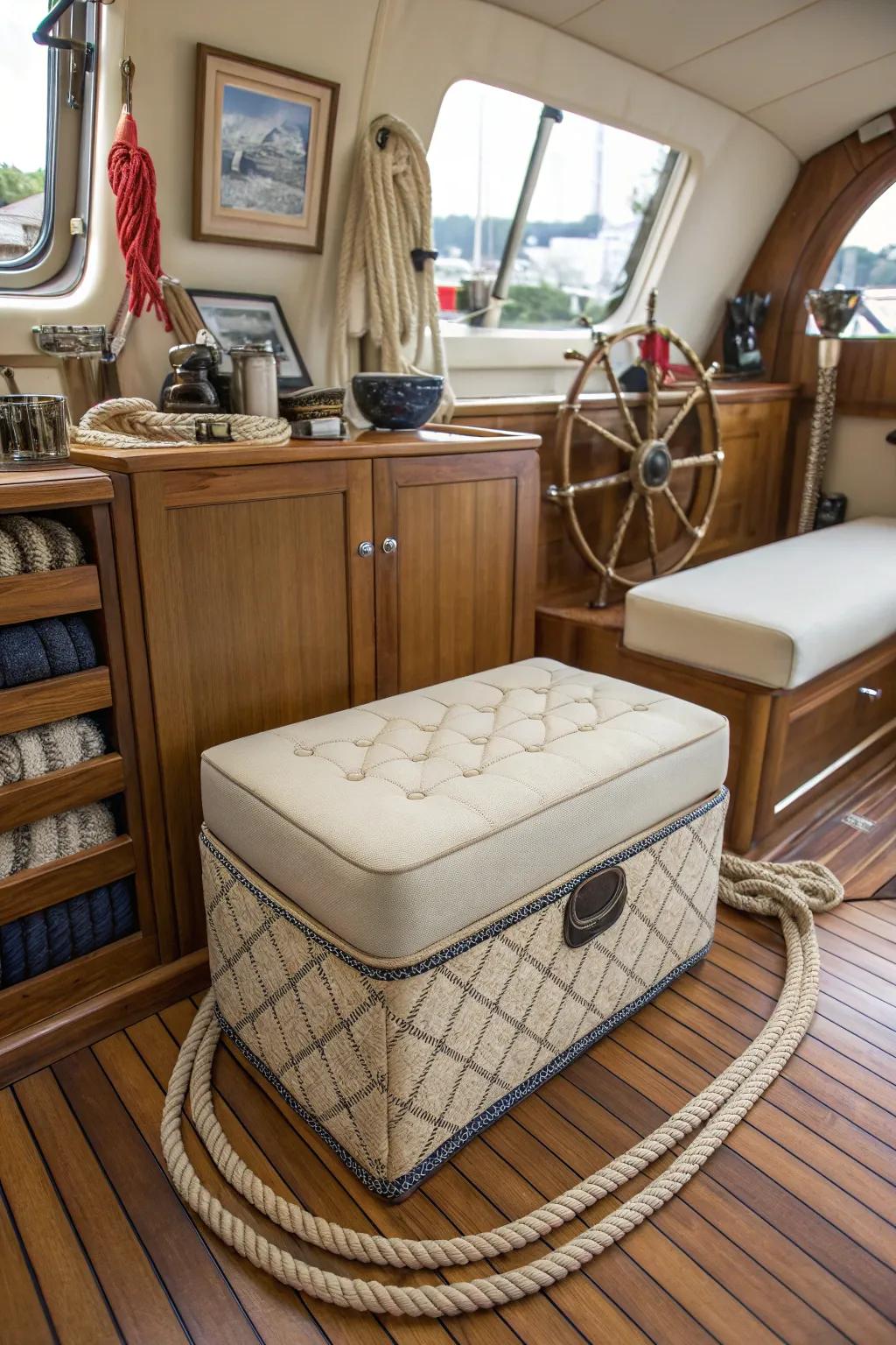 An elegant ottoman featuring concealed storage set within a boat interior decorated in a nautical theme.