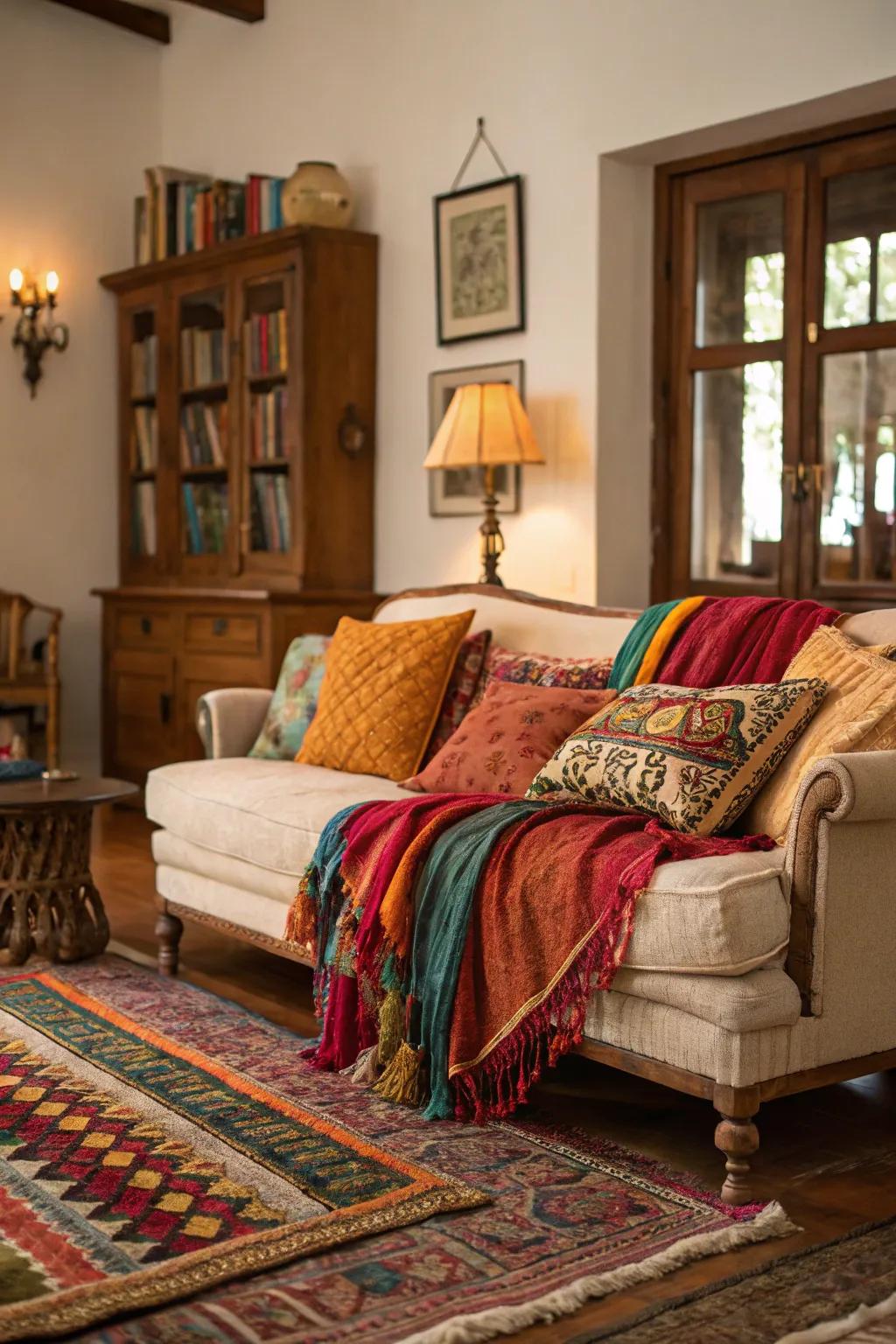 Layered textiles fashion a welcoming and snug ambiance.
