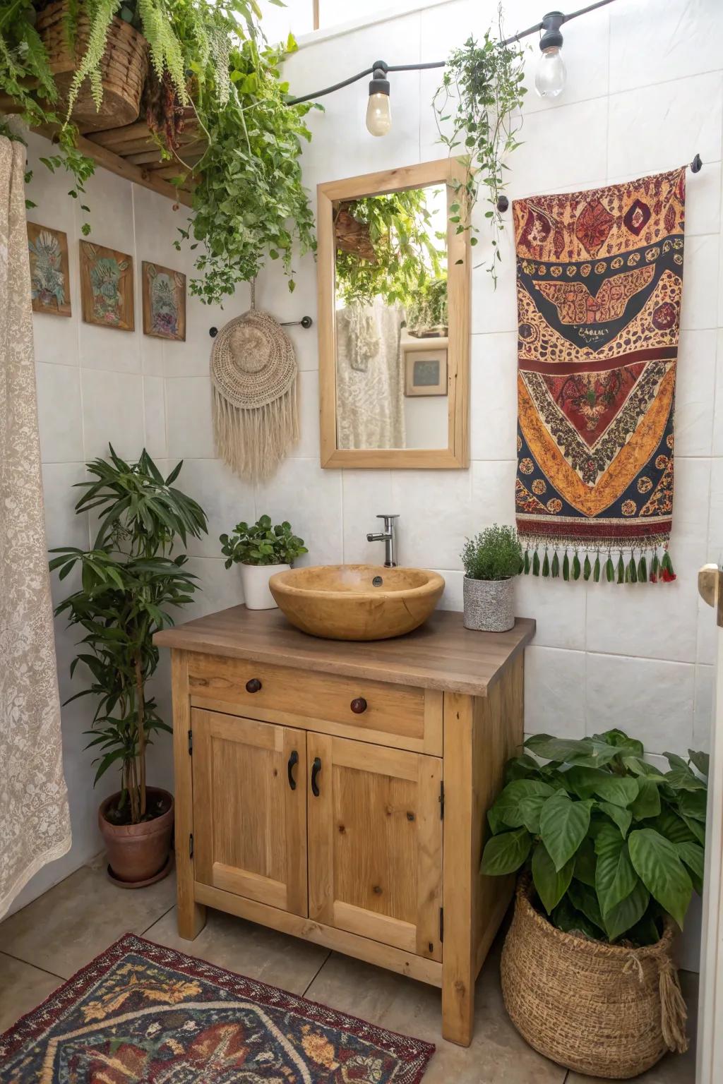 A boho bathroom exhibiting a striking timber-style sink base and abundant plants.