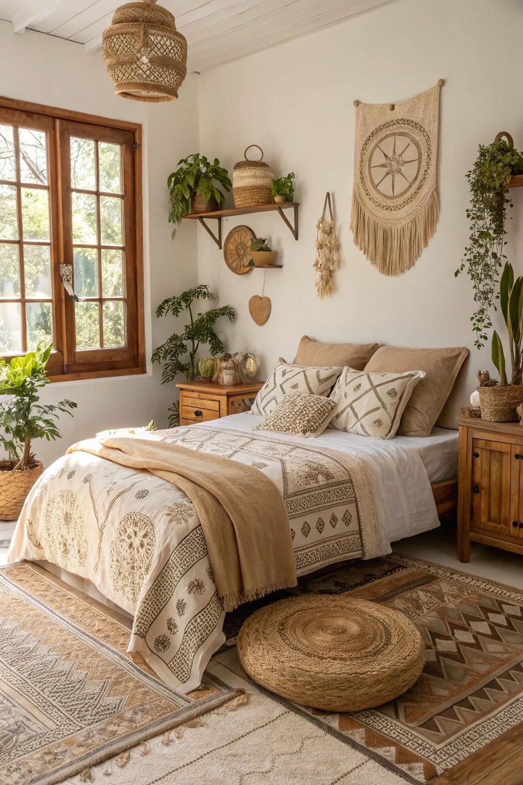 Natural tones create a cozy and welcoming boho bedroom.