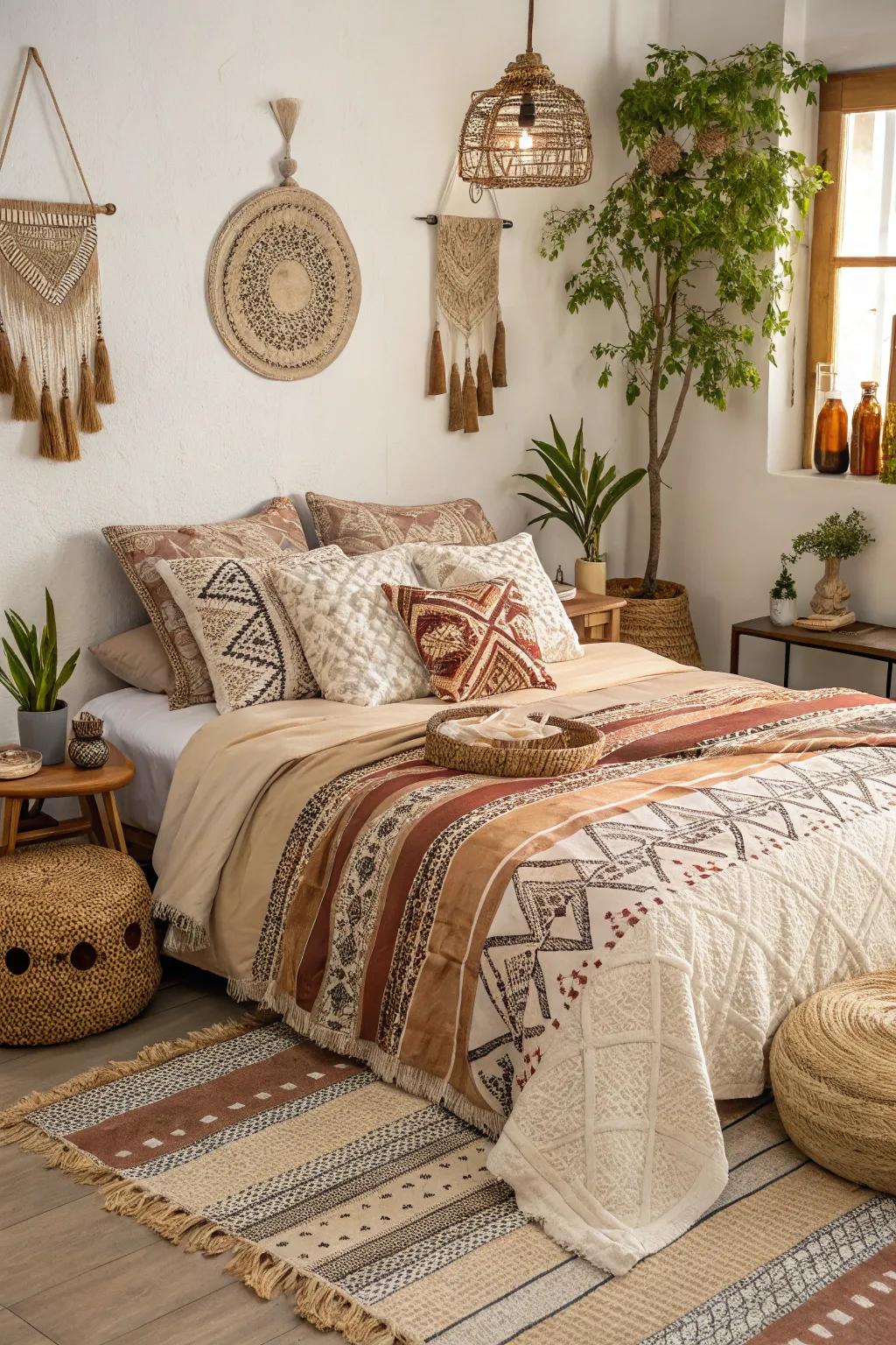 Textured bedding in earth tones makes a comfortable and welcoming boho bedroom.