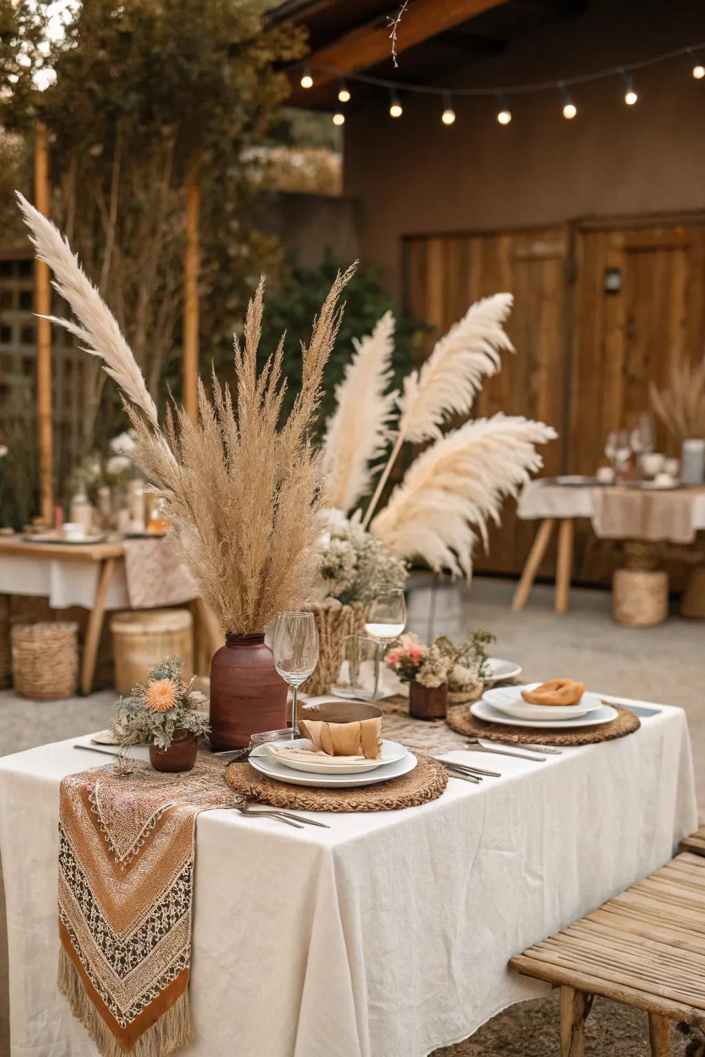 Pampas grass introduces a hint of elegance to boho bridal shower decorations.